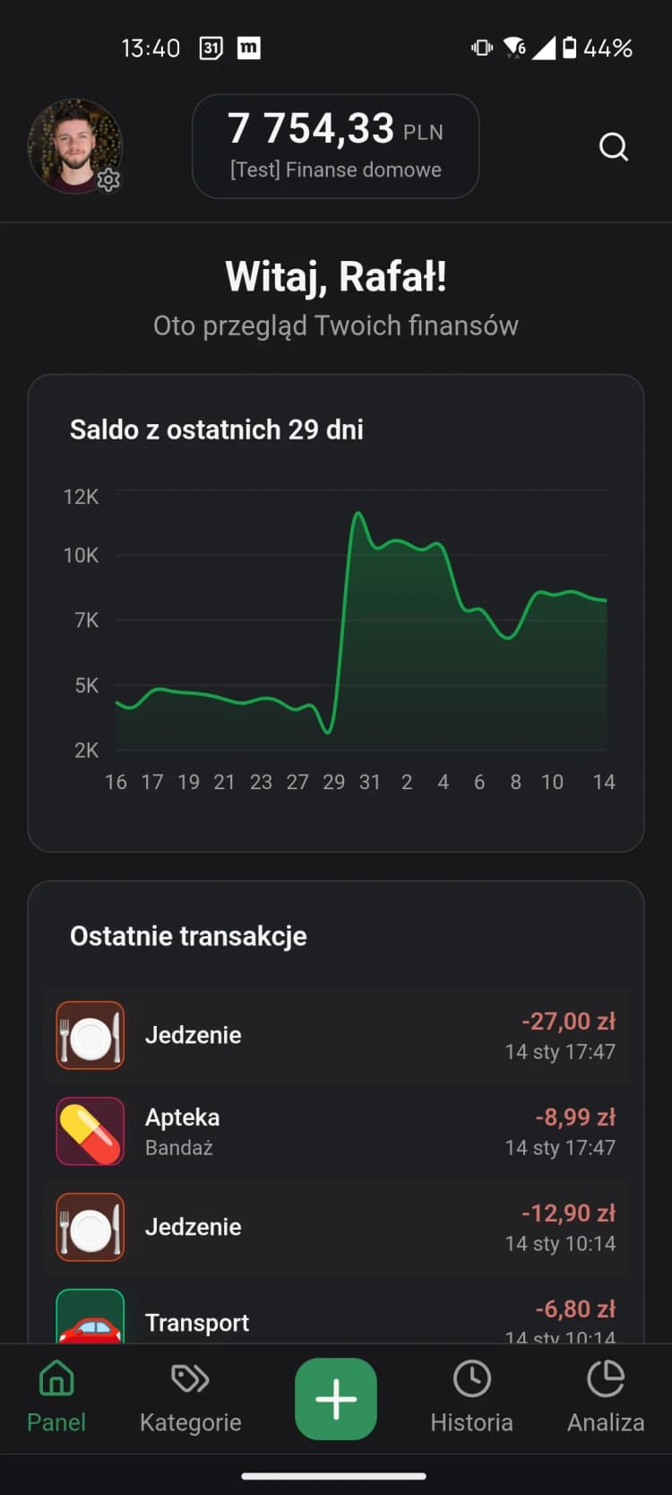 Dashboard showing balance chart and financial overview